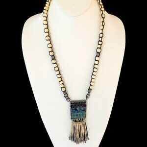 Chico's Boho Beaded Necklace Tassel Pendant Ethnic Wood Acrylic Cream Blue Green